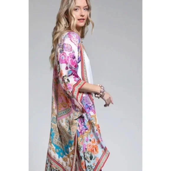 SOLD OUT Ajoure Colorful Italian Baroque Floral Print Lightweight Kimono Open - Picture 3 of 7
